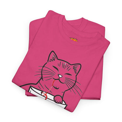Cat w/Noodle Cup + Yarn Ball Art Drawing Tee Shirt