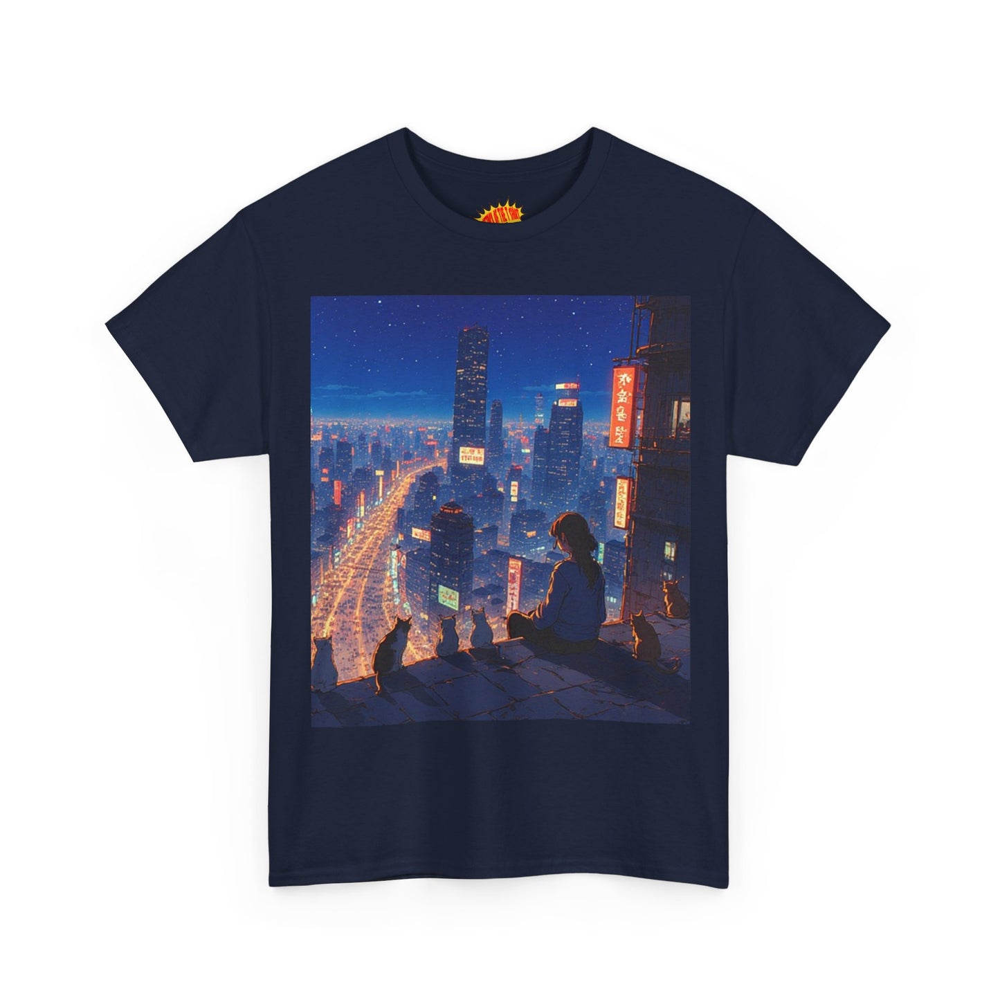 Neon Anime City Night Scene w/Girl & Cats T-Shirt *Multiple Colors*