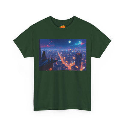 Nighttime Neon Anime Cityscape w/Cats T-Shirt