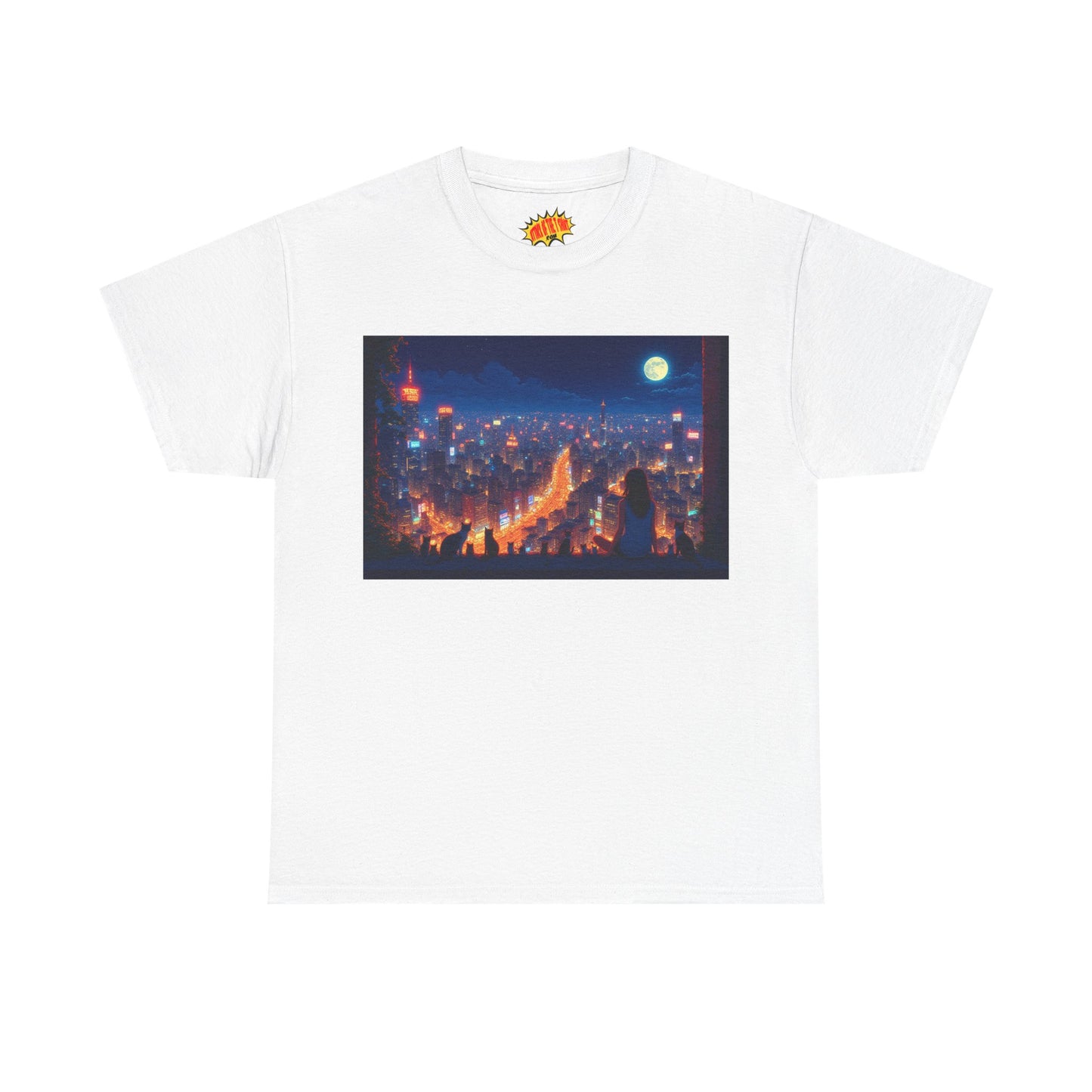 Anime City Night Scene w/Girl & Cats T-Shirt *Multiple Colors*