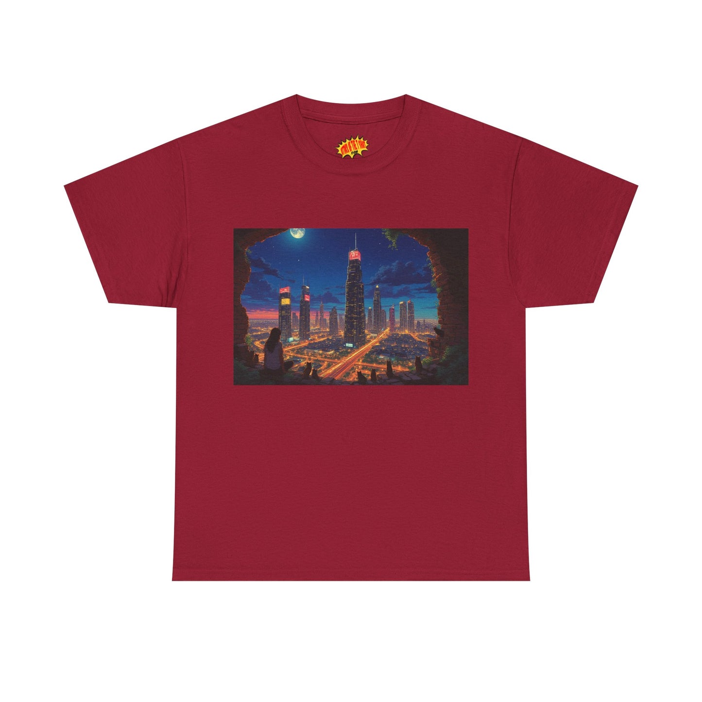 Anime Cityscape Night Scene w/Girl & Cats T-Shirt *Multiple Colors*