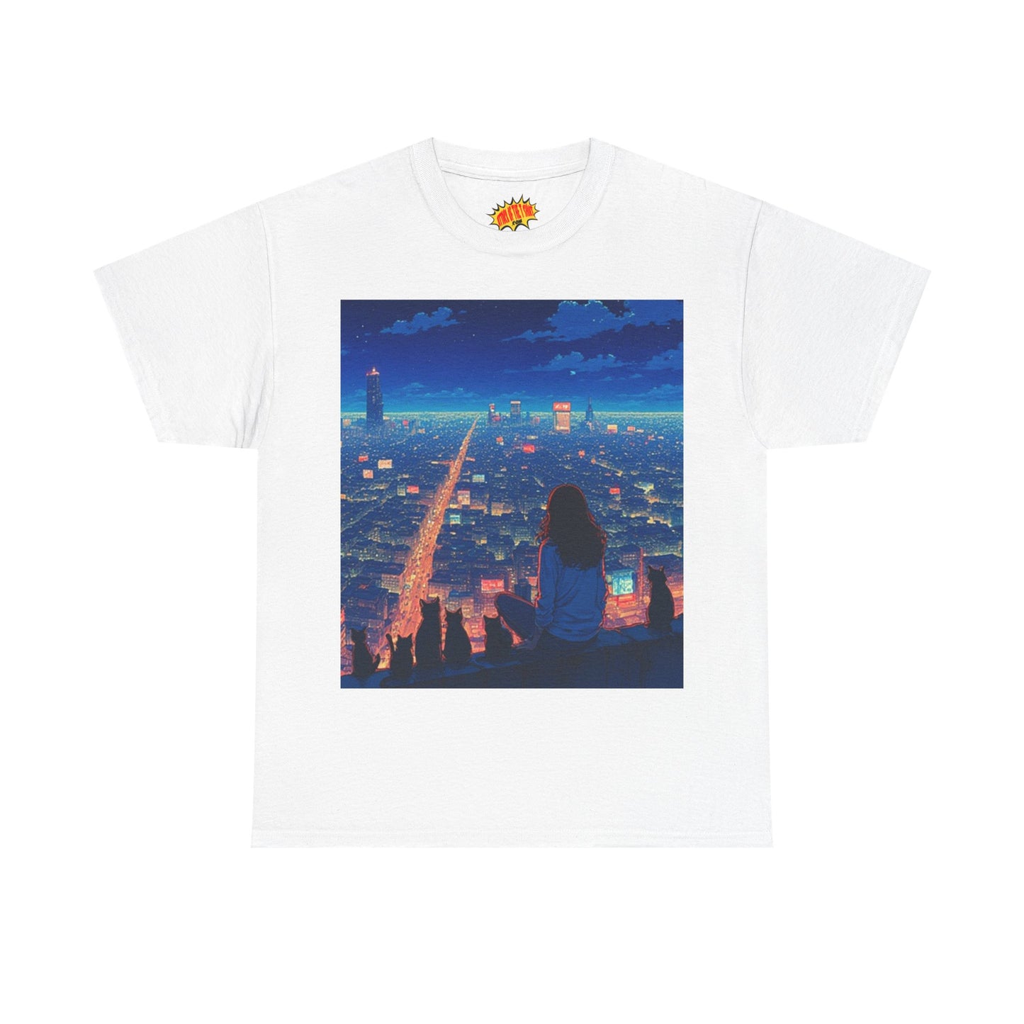 Anime Cityscape Night Sky Scene w/Girl & Cats T-Shirt *Multiple Colors*