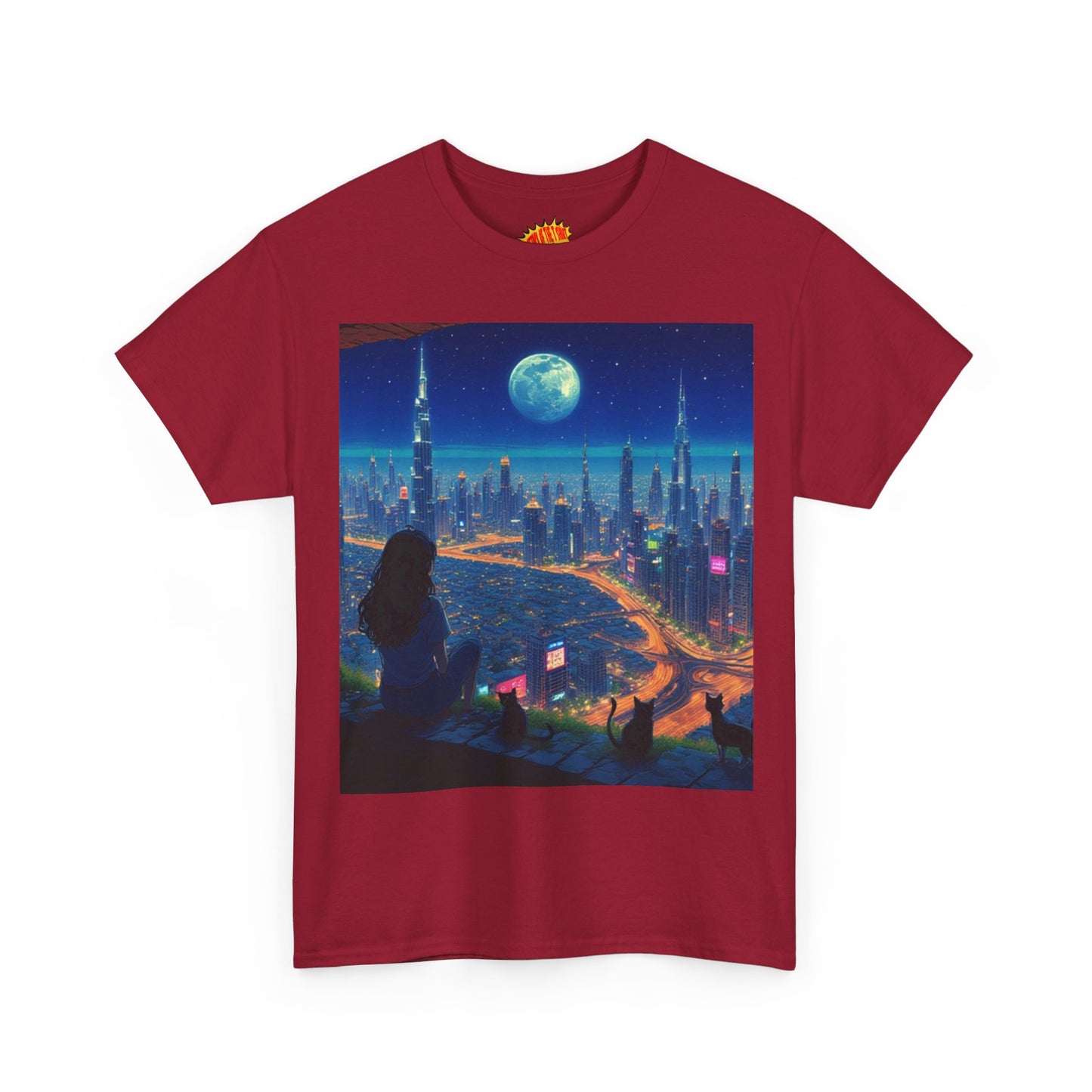 Anime City Full Moon Scene w/Girl & Cats T-Shirt *Multiple Colors*
