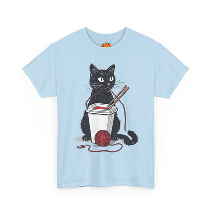 Black Cat w/Noodles + Yarn Ball Art Drawing Tee Shirt