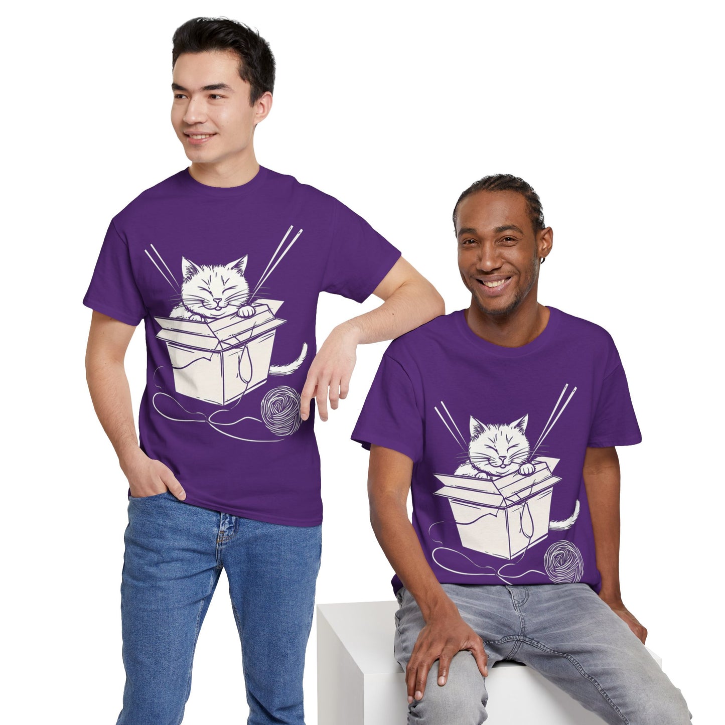 Cat w/Box + Yarn Ball Art Drawing Tee Shirt *Multiple Colors*