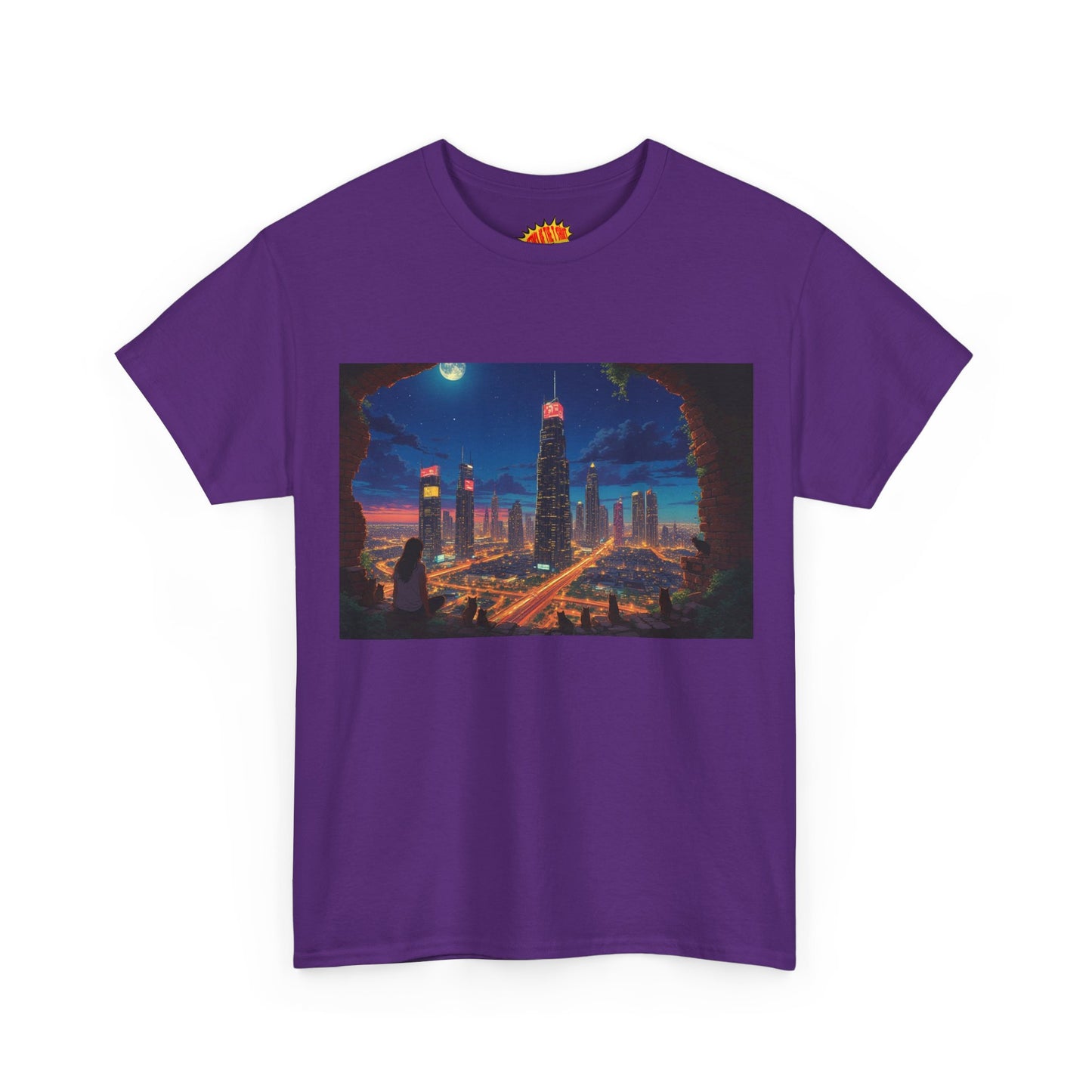 Anime Cityscape Night Scene w/Girl & Cats T-Shirt *Multiple Colors*