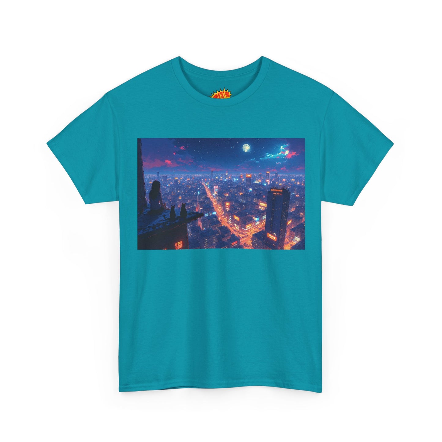 Nighttime Neon Anime Cityscape w/Cats T-Shirt *Multiple Colors*