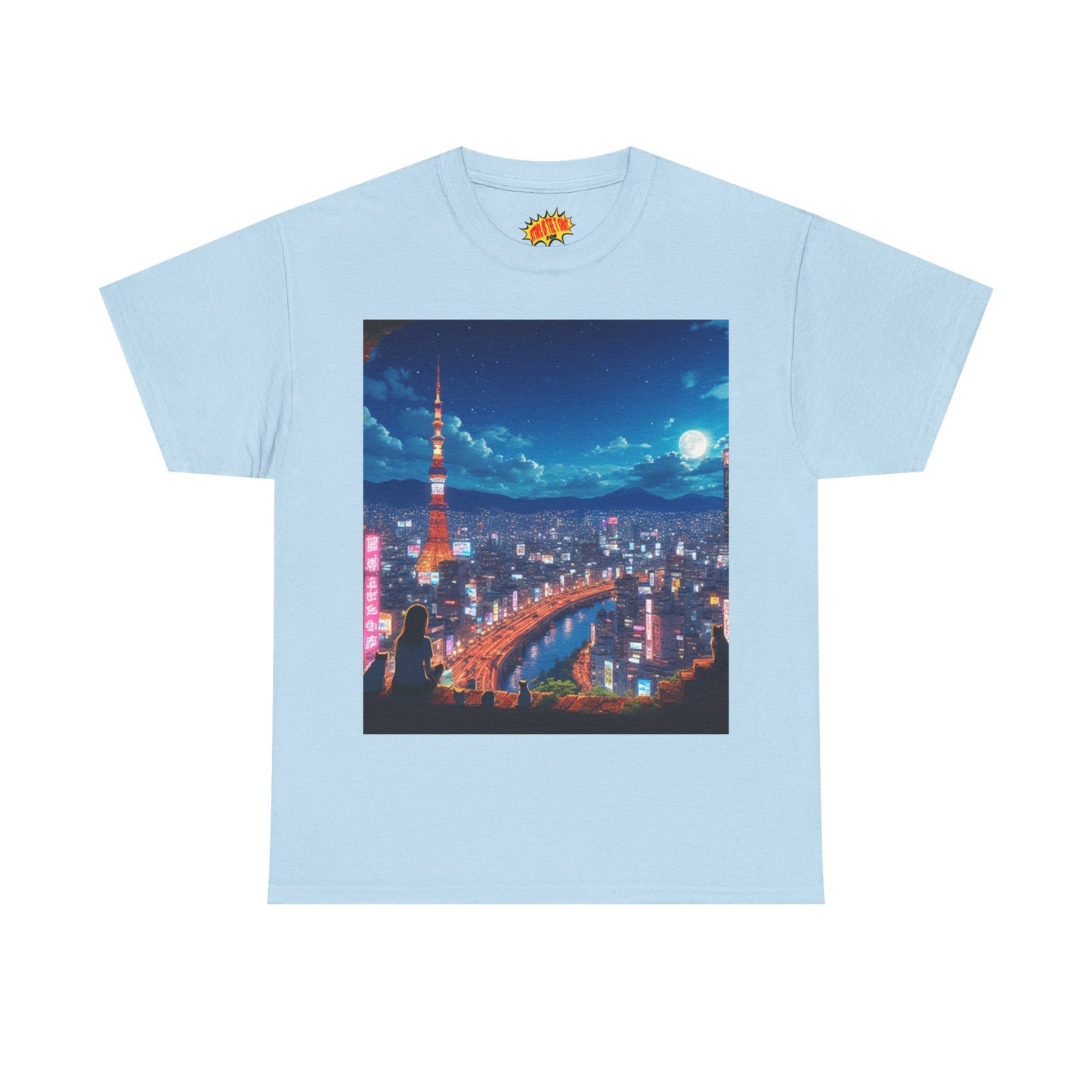 Neon Cityscape Nighttime Anime Scene w/Girl & Cats T-Shirt *Multiple Colors*
