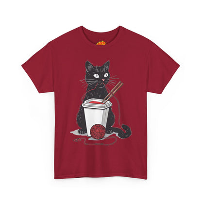 Black Cat w/Noodles + Yarn Ball Art Drawing Tee Shirt