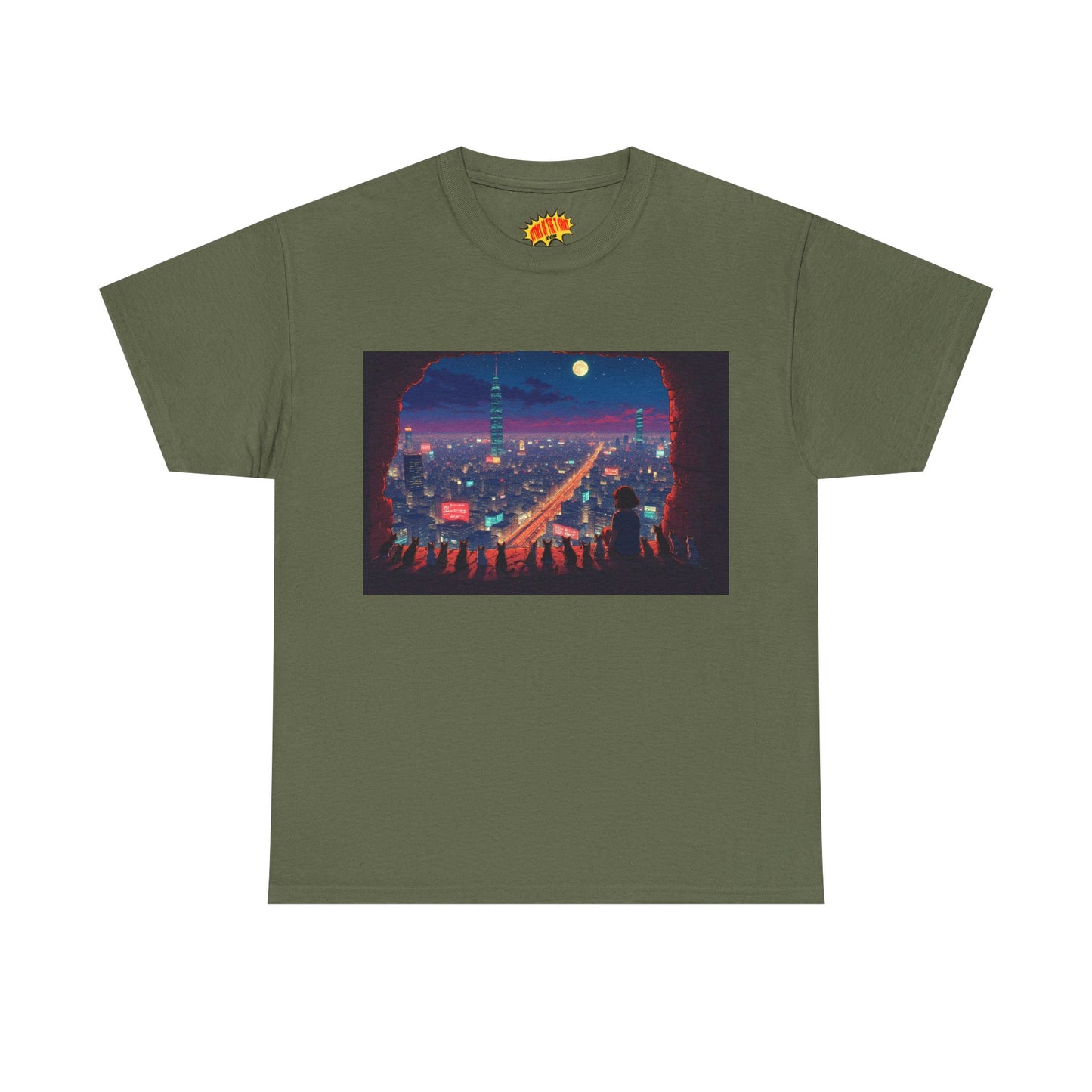 Anime Neon Cityscape Scene w/Cats T-Shirt *Multiple Colors*