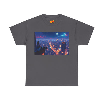 Nighttime Neon Anime Cityscape w/Cats T-Shirt