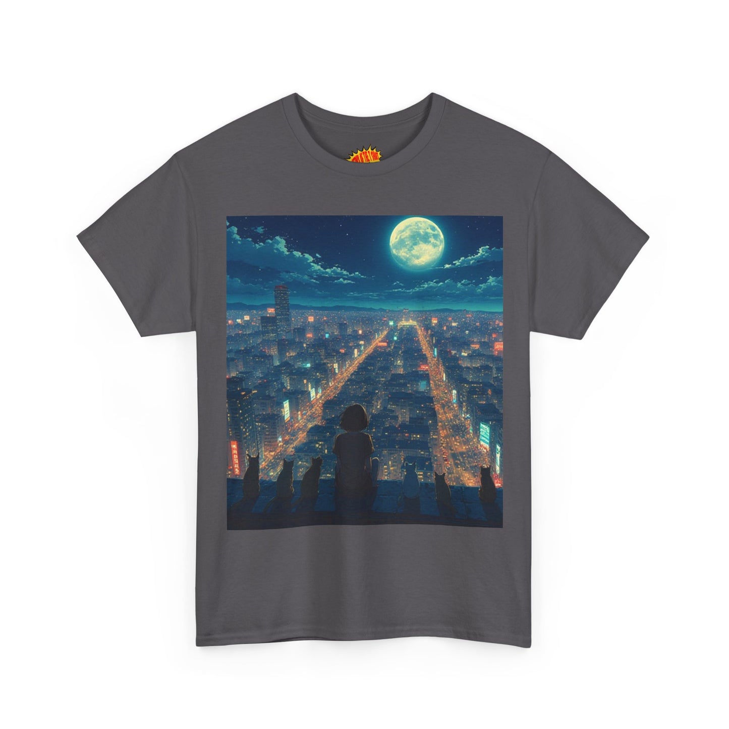 Anime City Full Moon Scene w/Girl & Cats T-Shirt *Multiple Colors*