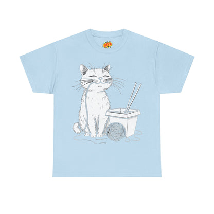 Happy Cat w/Noodles + Yarn Ball Art Drawing Tee Shirt