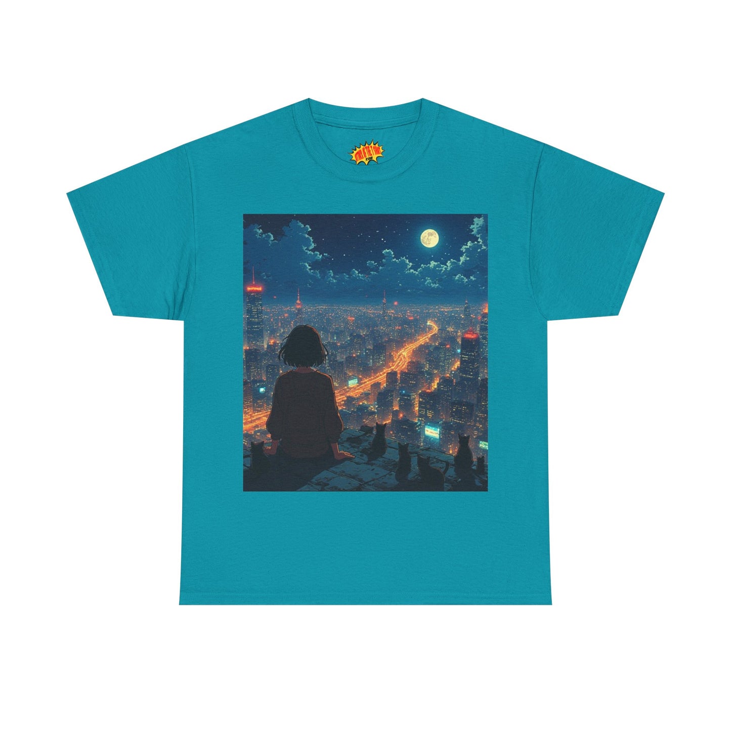 Neon City Anime Night Scene w/Girl & Cats T-Shirt *Multiple Colors*