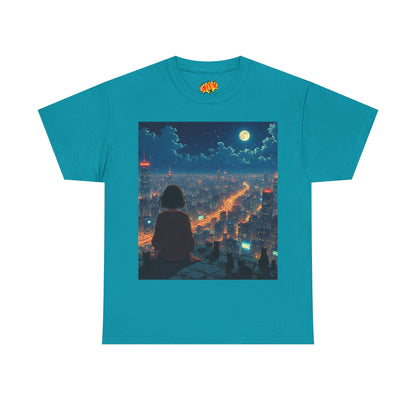 Neon City Anime Night Scene w/Girl & Cats T-Shirt