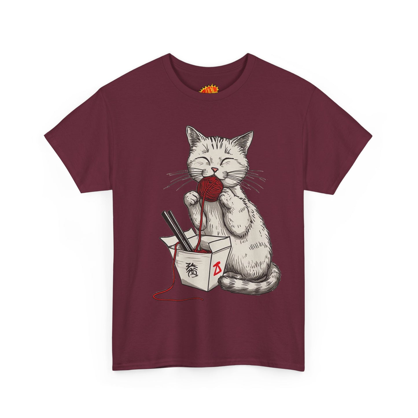 Cat w/Takeout Yarn Noodles Art Tee Shirt *Multiple Colors*