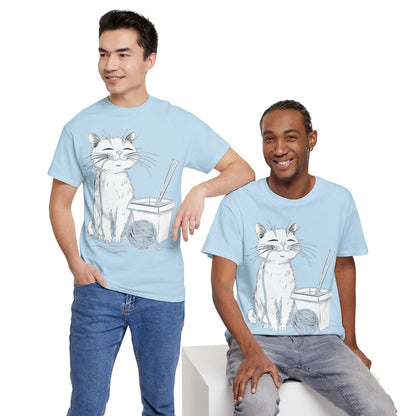 Happy Cat w/Noodles + Yarn Ball Art Drawing Tee Shirt