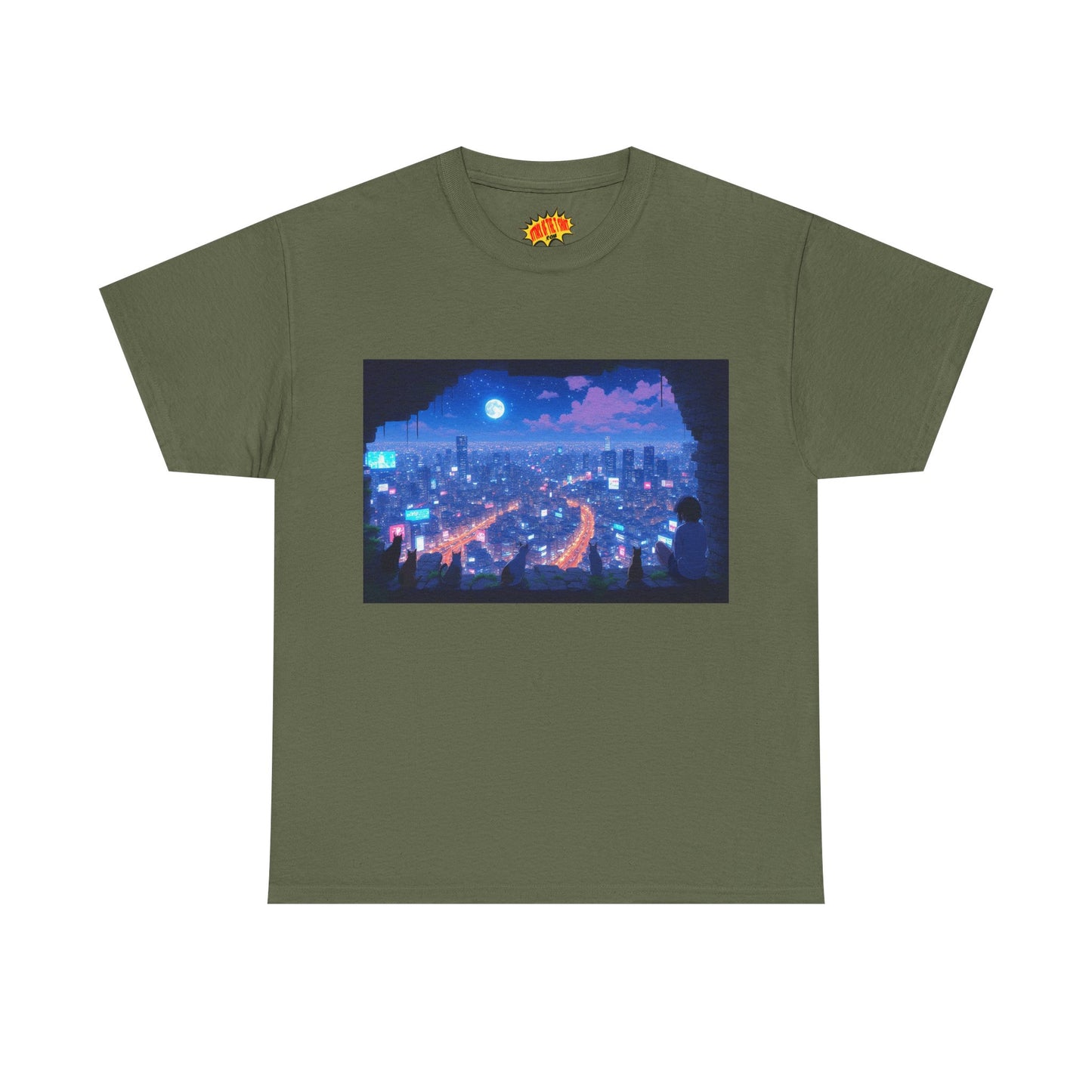 Anime Neon Cityscape Night Scene w/Girl & Cats T-Shirt *Multiple Colors*