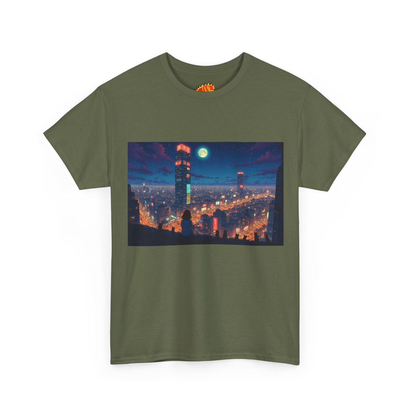 Neon Anime Style City Scene w/Girl & Cats T-Shirt *Multiple Colors*