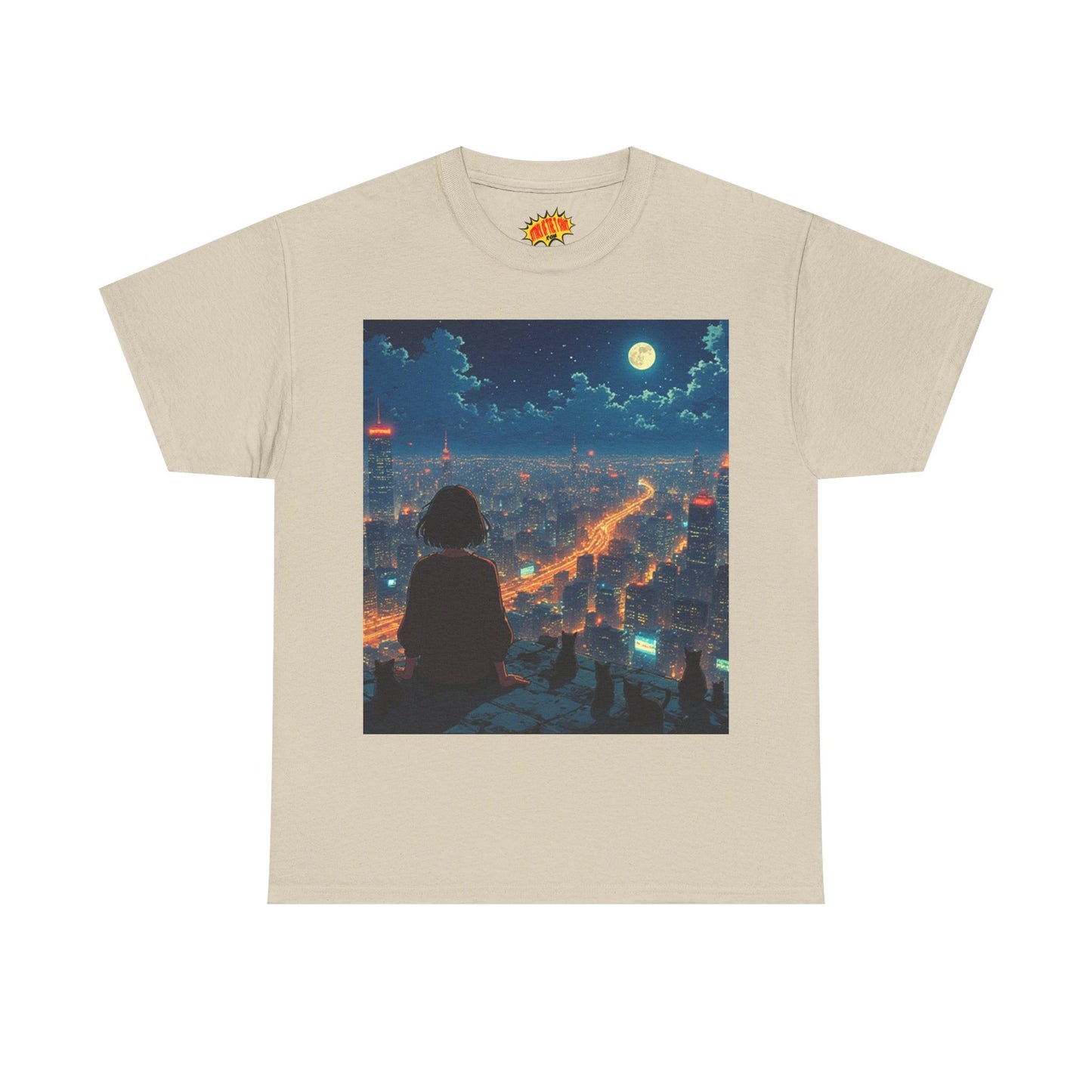 Neon City Anime Night Scene w/Girl & Cats T-Shirt *Multiple Colors*