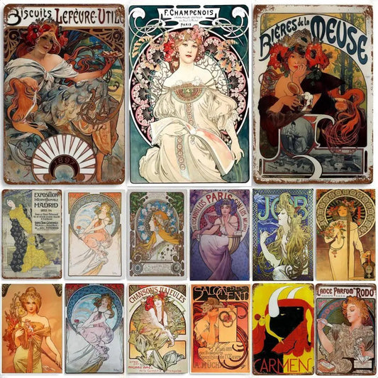 Alphonse Mucha Poster Pin Up Girls Metal Tin Sign Art Painting Decorative Wall Plates For Bar Cafe Living Room Home Wall Decor