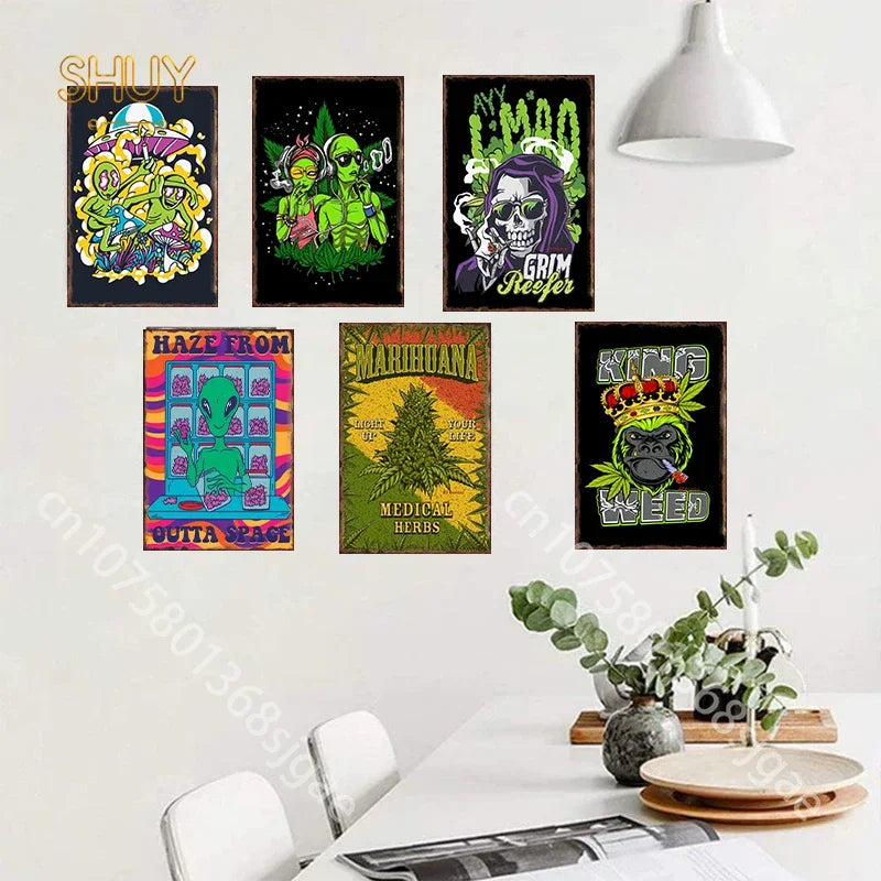 Alien Smoking Metal Signs Vintage Weed Posters Club Bar Wall Art Retro Decor 2