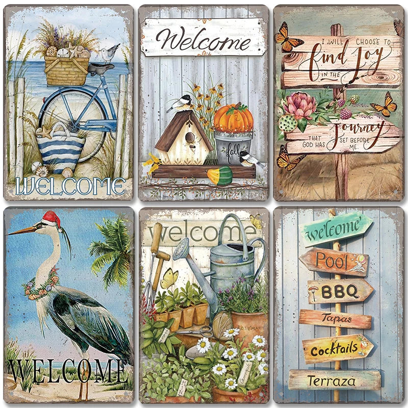 Vintage Metal Signs Flowers Birds Metal Wall Art Decor Home Garden Farm Beach 1